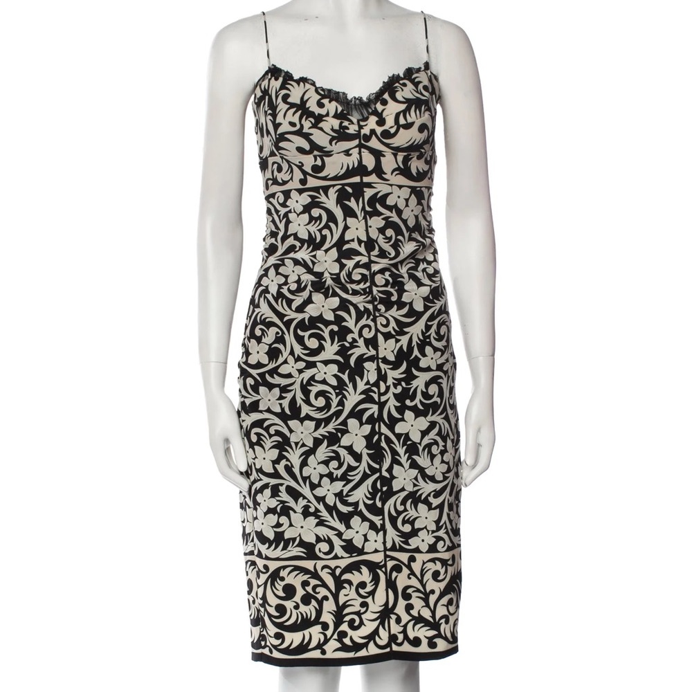 Nicole Miller Collection Silk Spaghetti Straps Black Ivory Scroll Print Dress